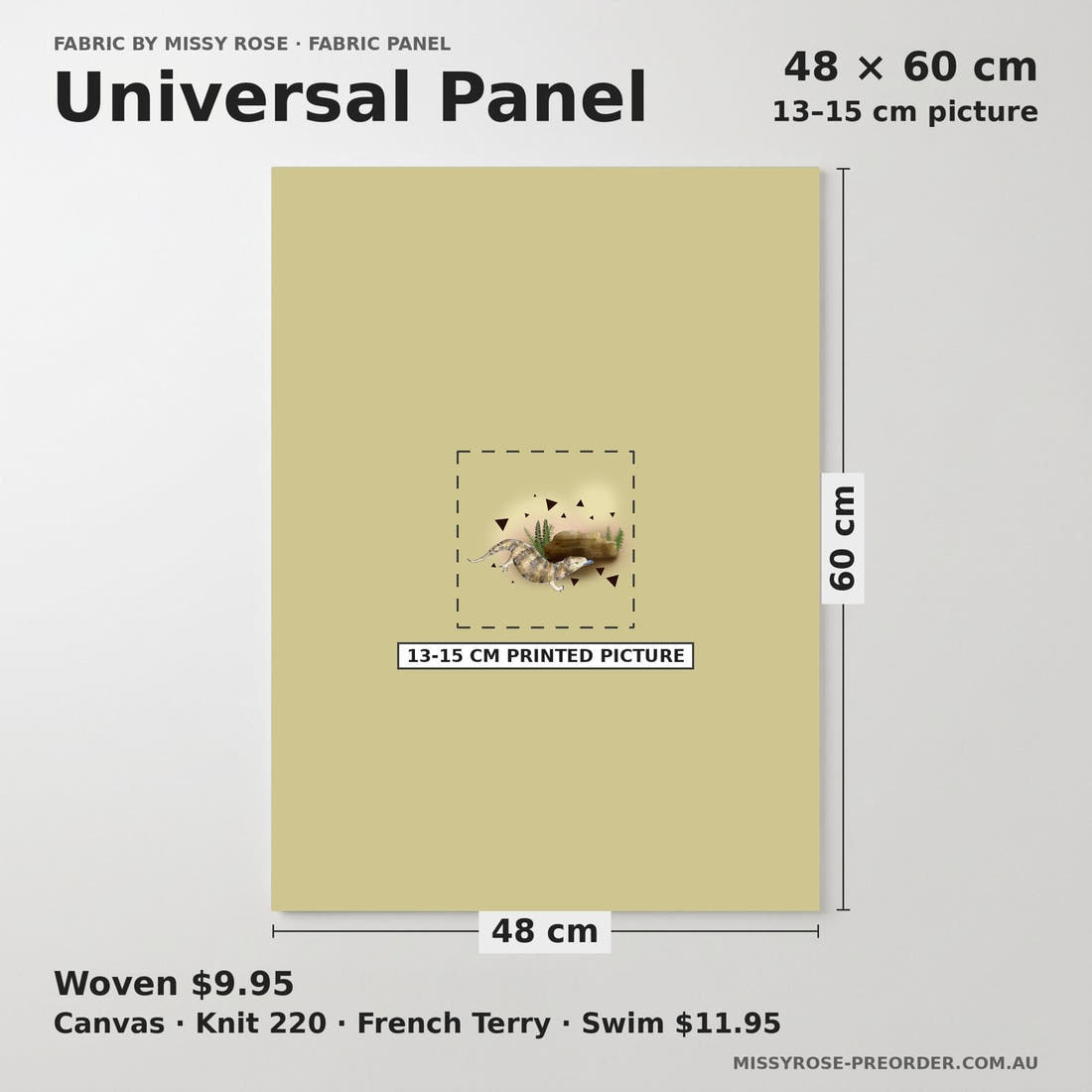 Design 1169 Blue Tongue Panel universal panel sizing – 13–15 cm printed picture on 48 × 60 cm fabric | Fabric by Missy Rose