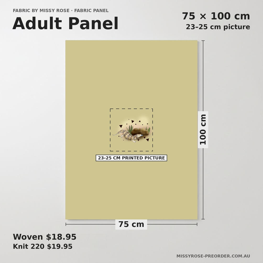 Design 1169 Blue Tongue Panel adult panel sizing – 23–25 cm printed picture on 75 × 100 cm fabric | Fabric by Missy Rose