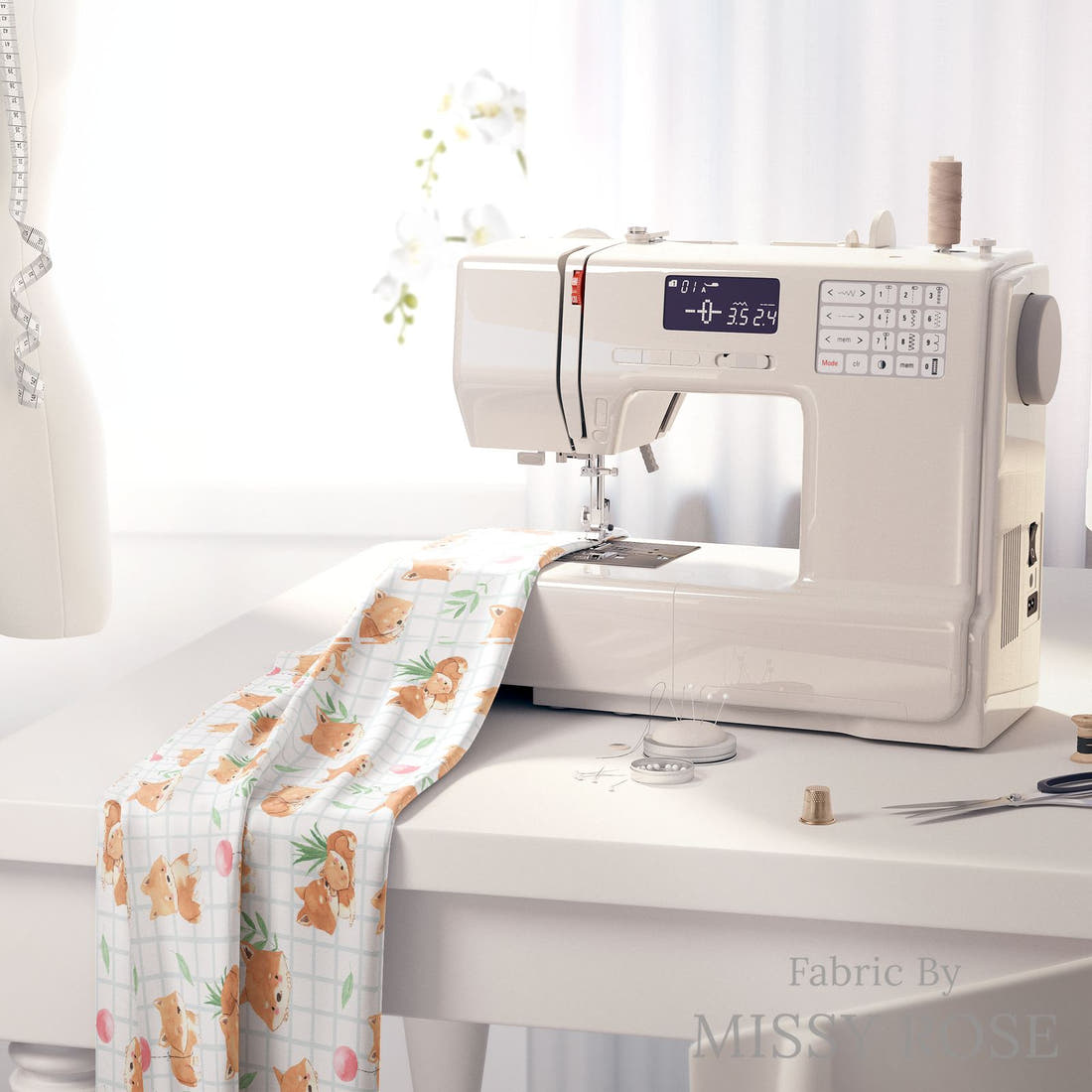 Design 117 Dingo Fabric on a sewing machine – premium fabric for sewing projects | Fabric by Missy Rose