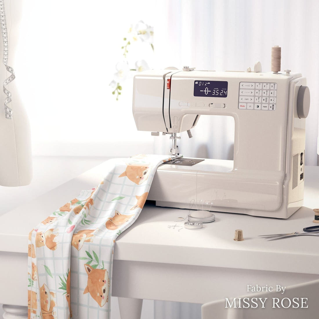 Design 117 Dingo Fabric on a sewing machine – premium fabric for sewing projects | Fabric by Missy Rose