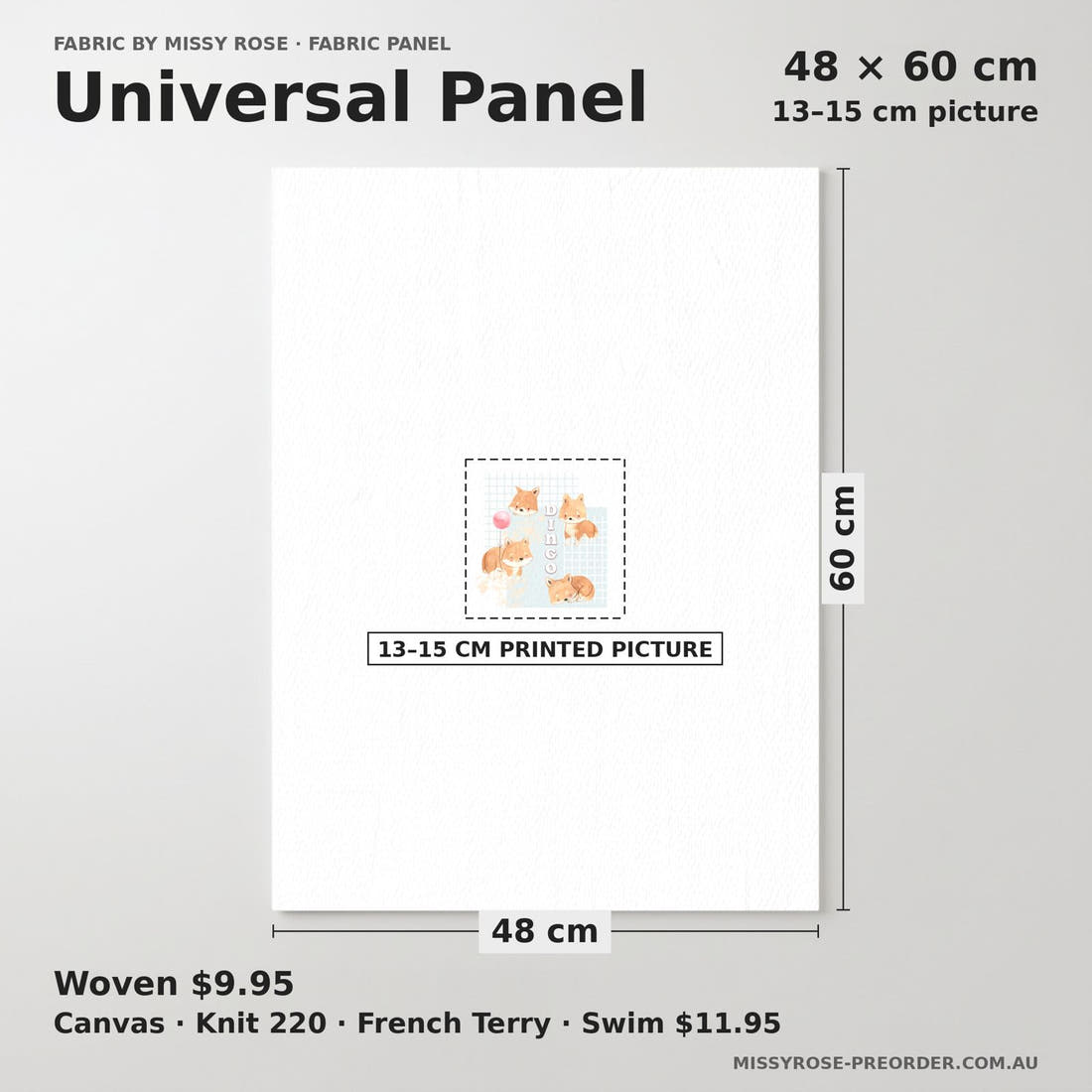 Design 117 Dingo Panel universal panel sizing – 13–15 cm printed picture on 48 × 60 cm fabric | Fabric by Missy Rose