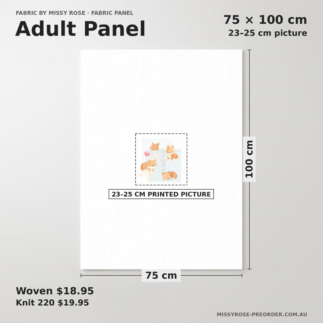 Design 117 Dingo Panel adult panel sizing – 23–25 cm printed picture on 75 × 100 cm fabric | Fabric by Missy Rose