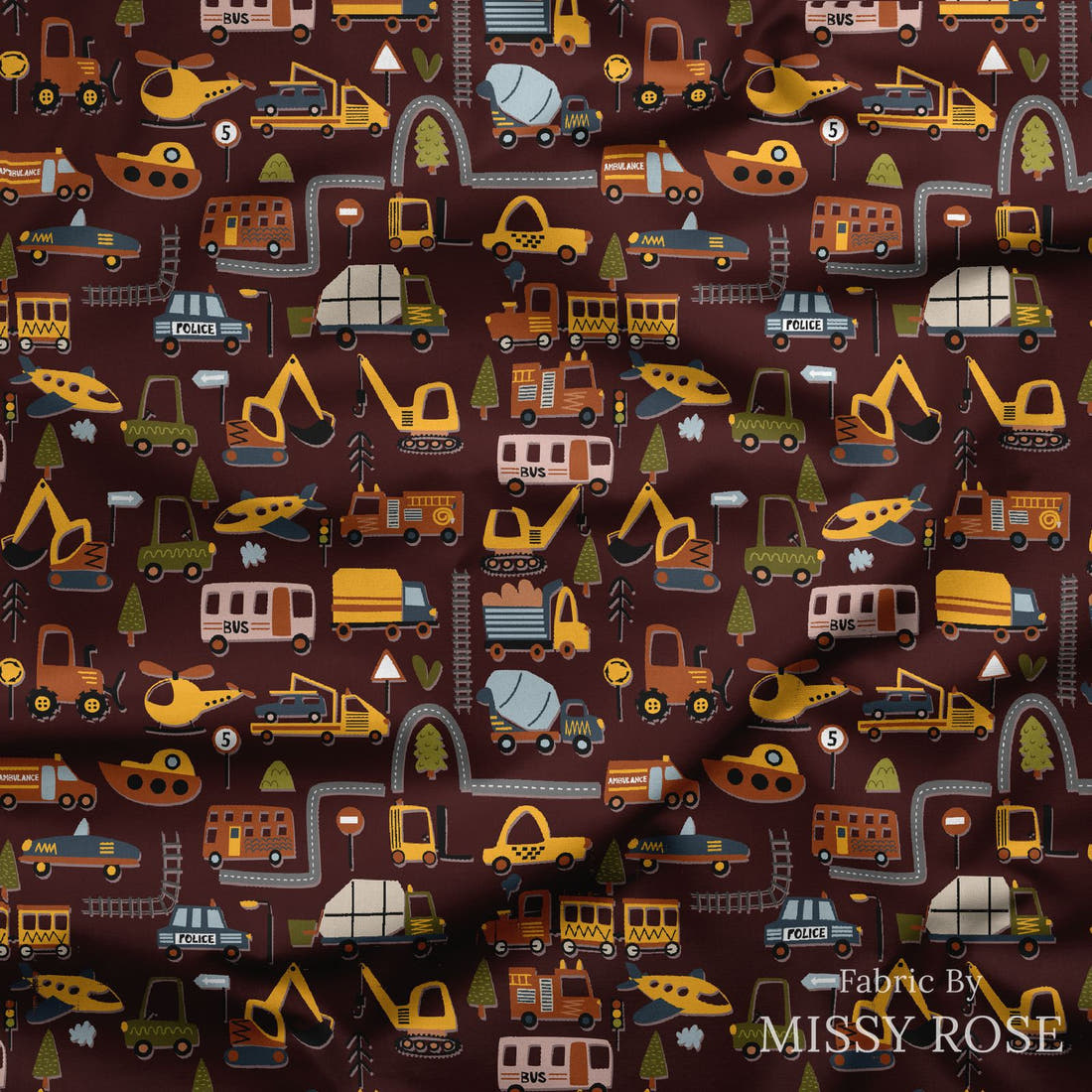 Design 1170 Transport Fabric draped fabric mockup – custom printed fabric by the metre | Fabric by Missy Rose