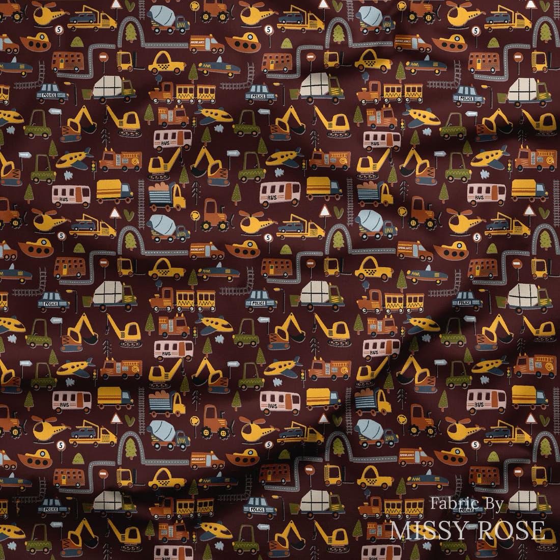 Design 1170 Transport Fabric draped fabric mockup – custom printed fabric by the metre | Fabric by Missy Rose
