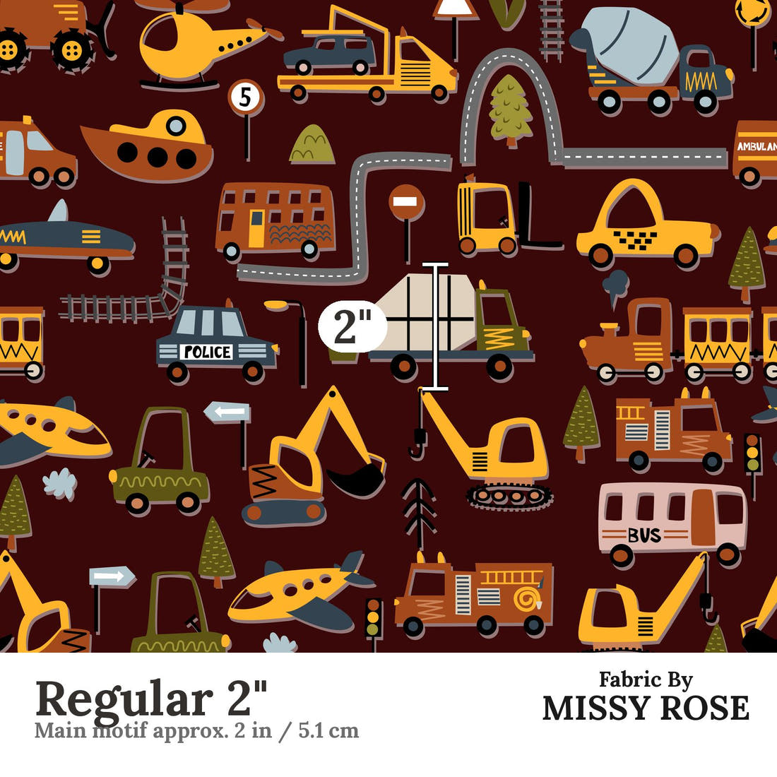 Design 1170 Transport Fabric Regular 2 inch print scale guide | Fabric by Missy Rose