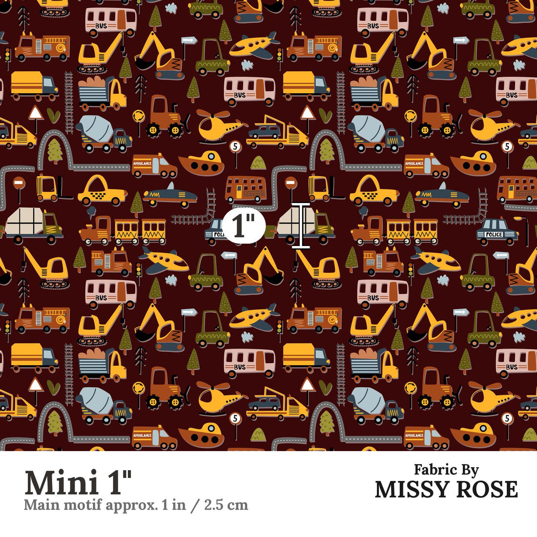 Design 1170 Transport Fabric Mini 1 inch print scale guide | Fabric by Missy Rose