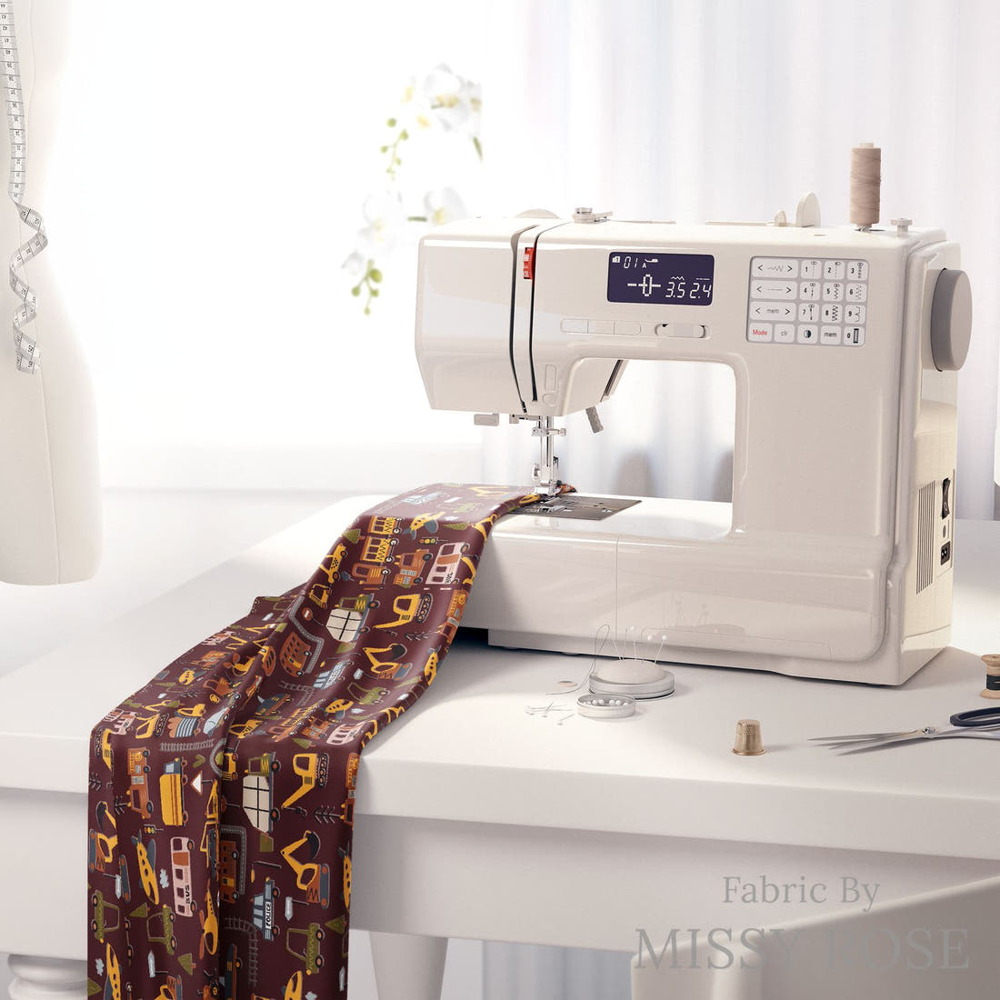 Design 1170 Transport Fabric on a sewing machine – premium fabric for sewing projects | Fabric by Missy Rose