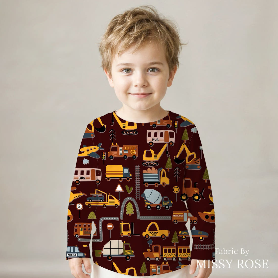 Design 1170 Transport Fabric sewn into a kids' long sleeve top – see how the print looks made up | Fabric by Missy Rose