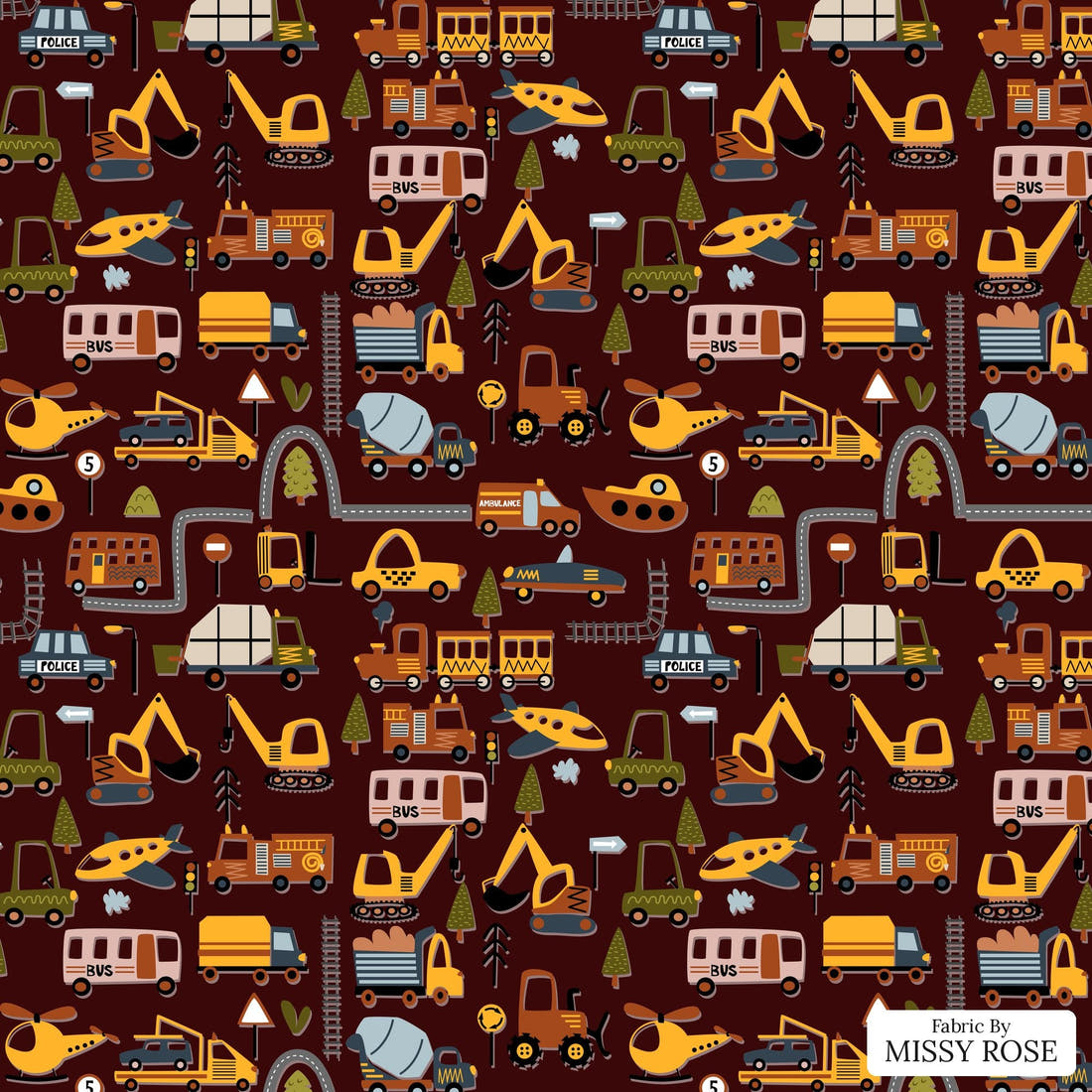 Design 1170 Transport Fabric – flat view of the print, zoom in for detail | Fabric by Missy Rose