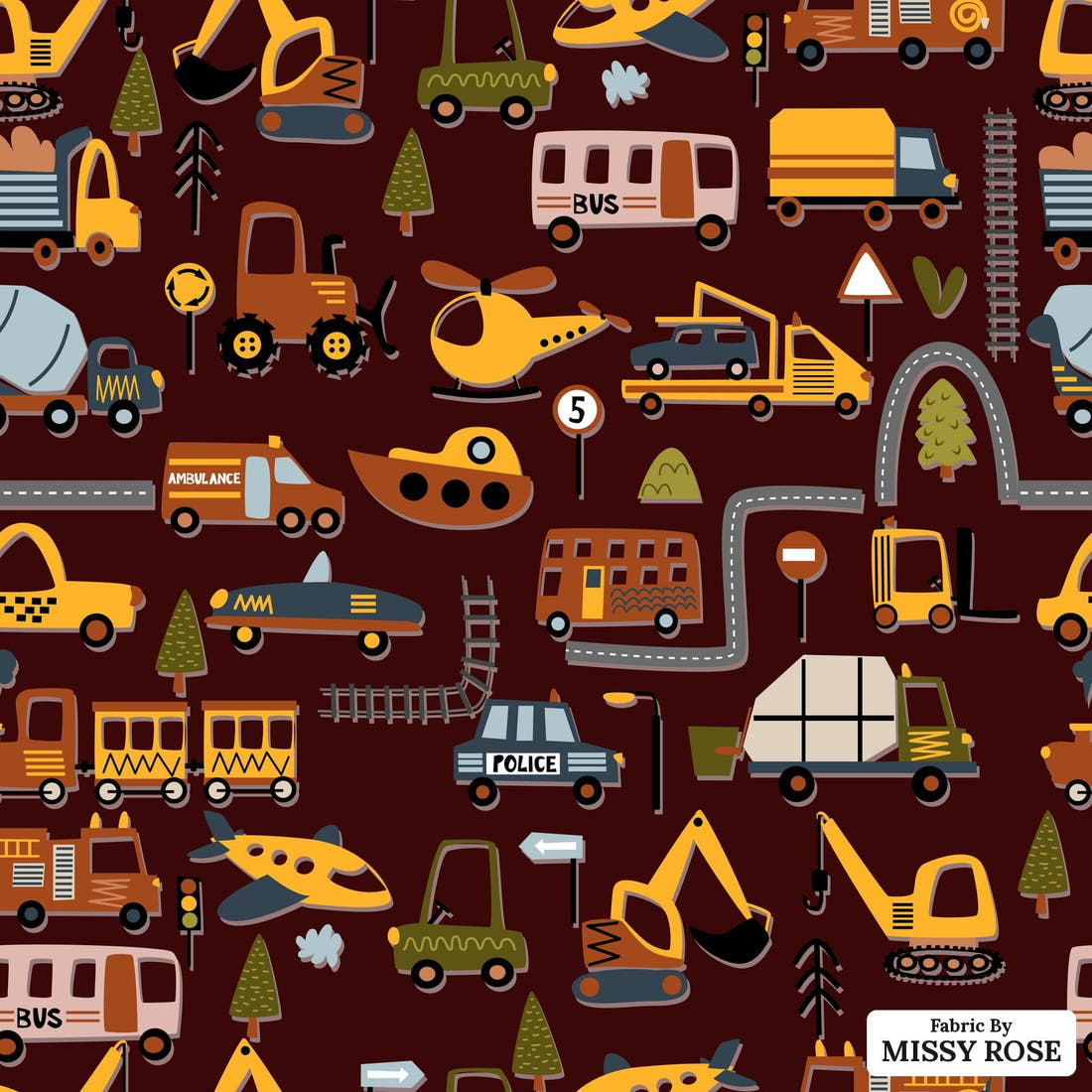 Design 1170 Transport Fabric – flat view of the print, zoom in for detail | Fabric by Missy Rose