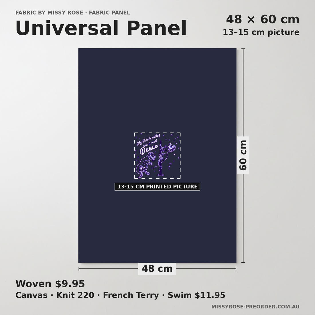Design 1171 Trex Panel universal panel sizing – 13–15 cm printed picture on 48 × 60 cm fabric | Fabric by Missy Rose