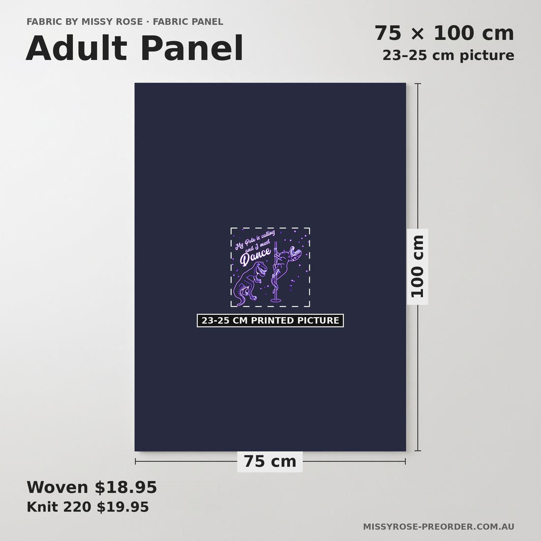 Design 1171 Trex Panel adult panel sizing – 23–25 cm printed picture on 75 × 100 cm fabric | Fabric by Missy Rose