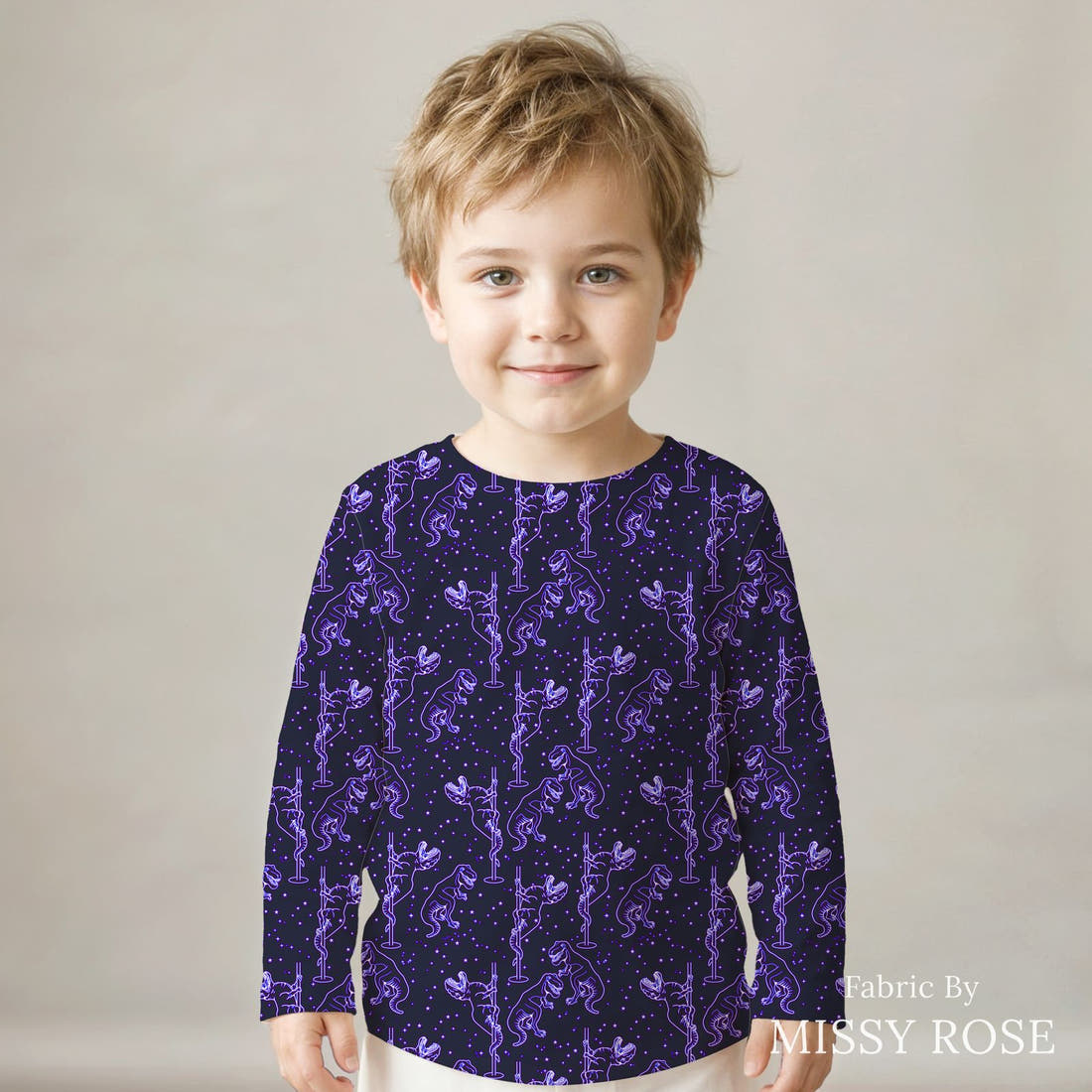 Design 1171 Trex Fabric sewn into a kids' long sleeve top – see how the print looks made up | Fabric by Missy Rose