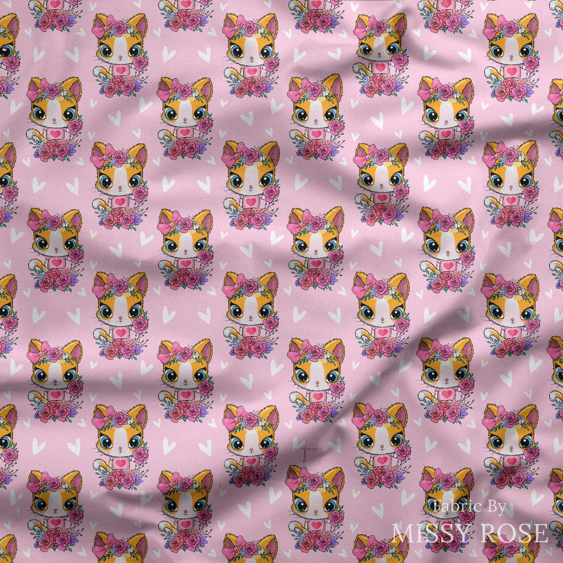 Design 1172 Pink Cats draped fabric mockup – custom printed fabric by the metre | Fabric by Missy Rose