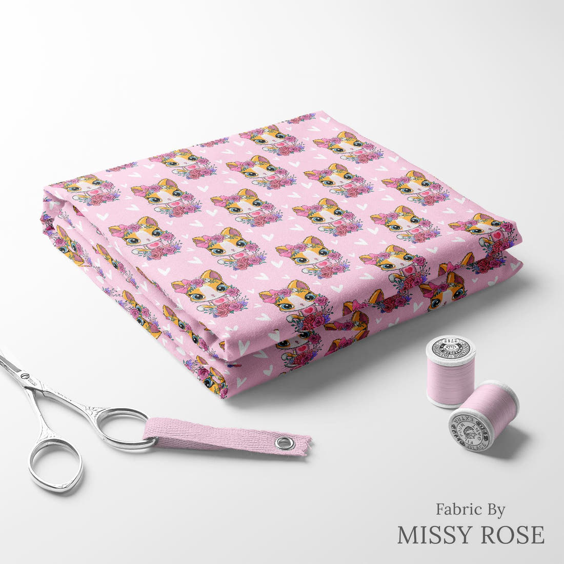 Design 1172 Pink Cats folded fabric stack with matching thread – pre-order fabric Australia | Fabric by Missy Rose