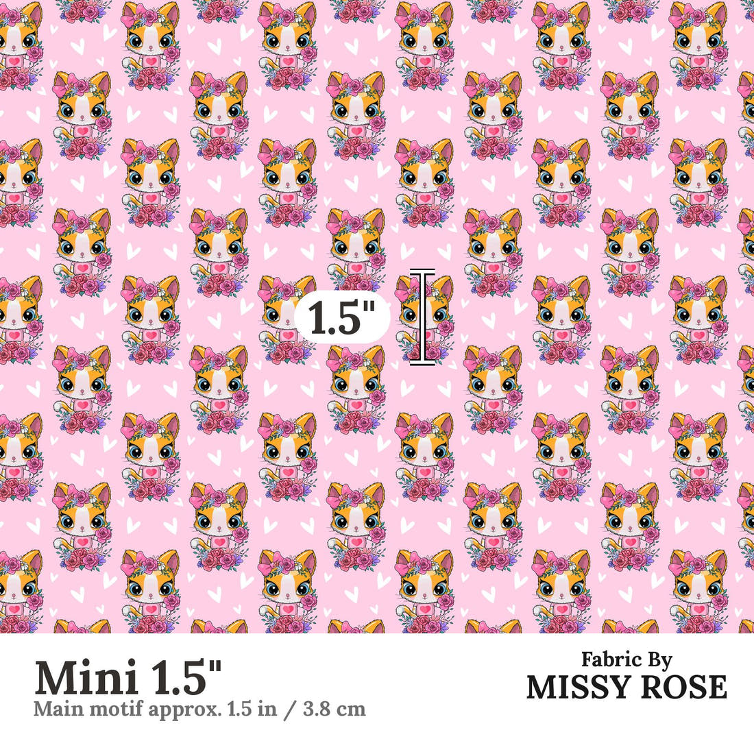 Design 1172 Pink Cats Mini 1.5 inch print scale guide | Fabric by Missy Rose