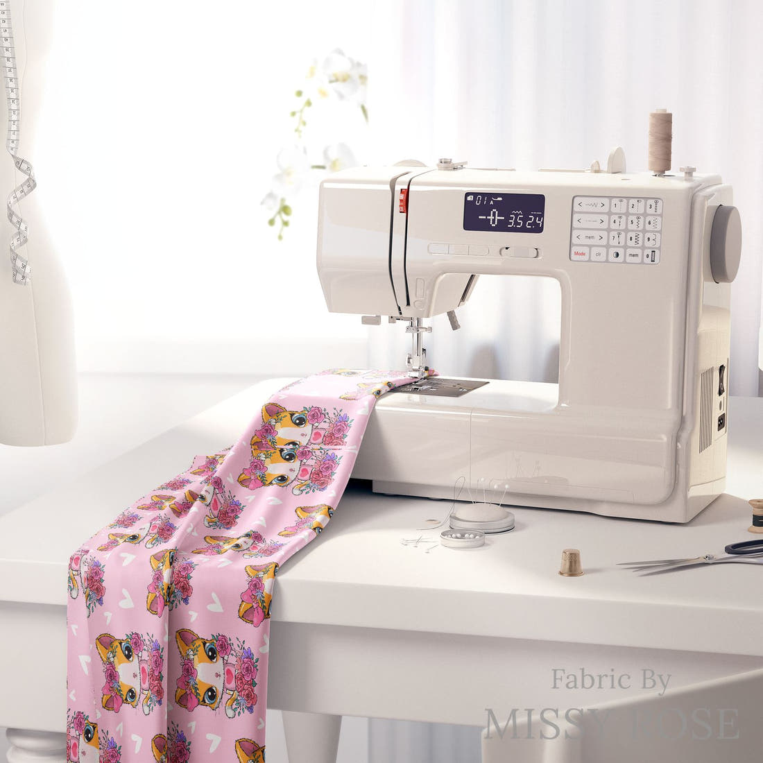Design 1172 Pink Cats on a sewing machine – premium fabric for sewing projects | Fabric by Missy Rose