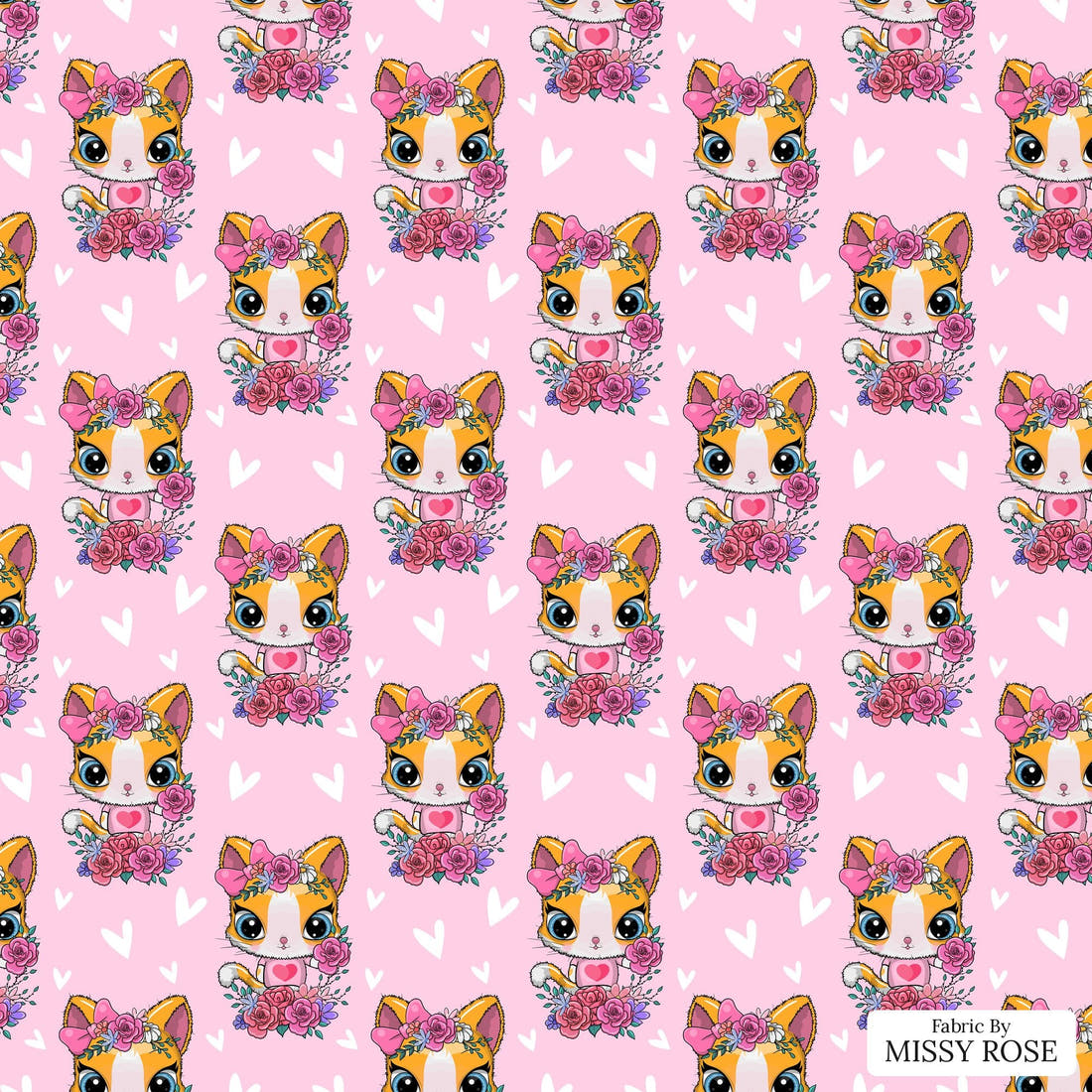 Design 1172 Pink Cats – flat view of the print, zoom in for detail | Fabric by Missy Rose