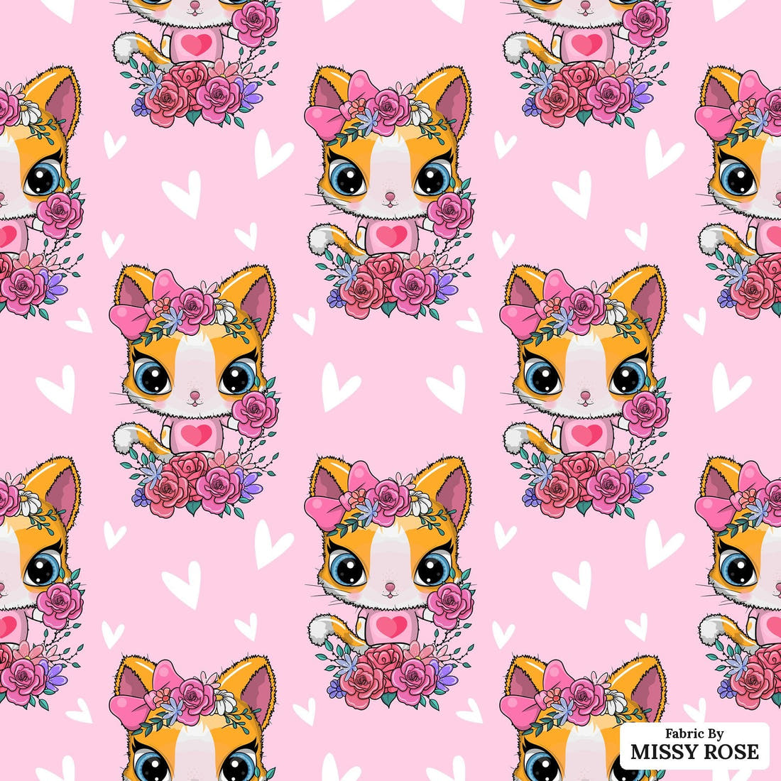Design 1172 Pink Cats – flat view of the print, zoom in for detail | Fabric by Missy Rose
