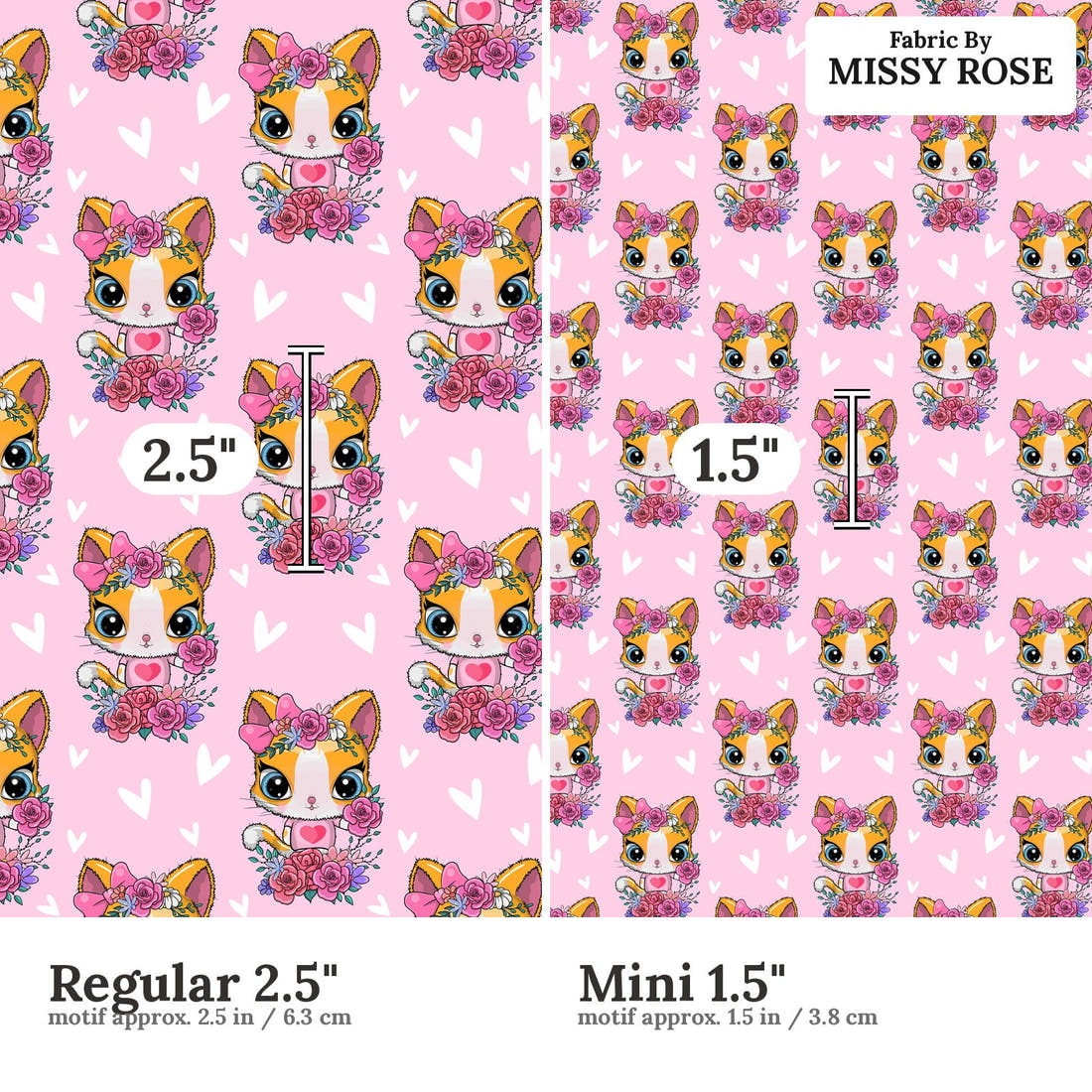 Design 1172 Pink Cats Regular 2.5 inch vs Mini 1.5 inch print scale side by side | Fabric by Missy Rose