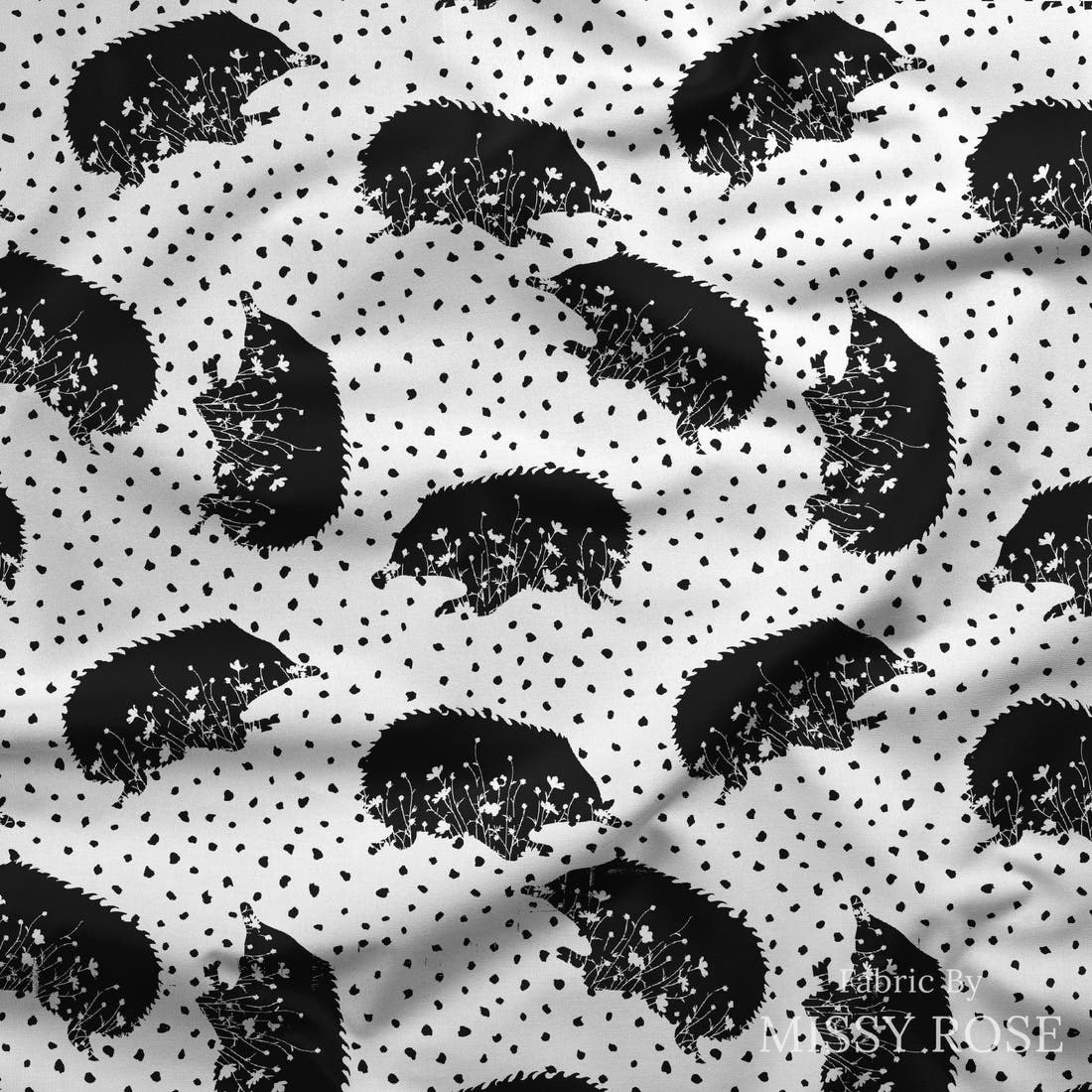 Design 1173 Monochrome Echidna Fabric draped fabric mockup – custom printed fabric by the metre | Fabric by Missy Rose