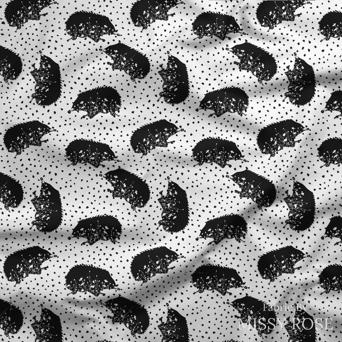 Design 1173 Monochrome Echidna Fabric draped fabric mockup – custom printed fabric by the metre | Fabric by Missy Rose