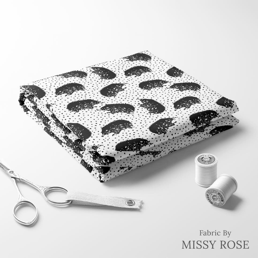 Design 1173 Monochrome Echidna Fabric folded fabric stack with matching thread – pre-order fabric Australia | Fabric by Missy Rose