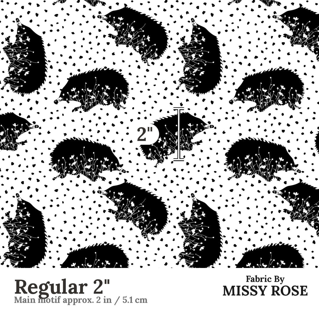 Design 1173 Monochrome Echidna Fabric Regular 2 inch print scale guide | Fabric by Missy Rose