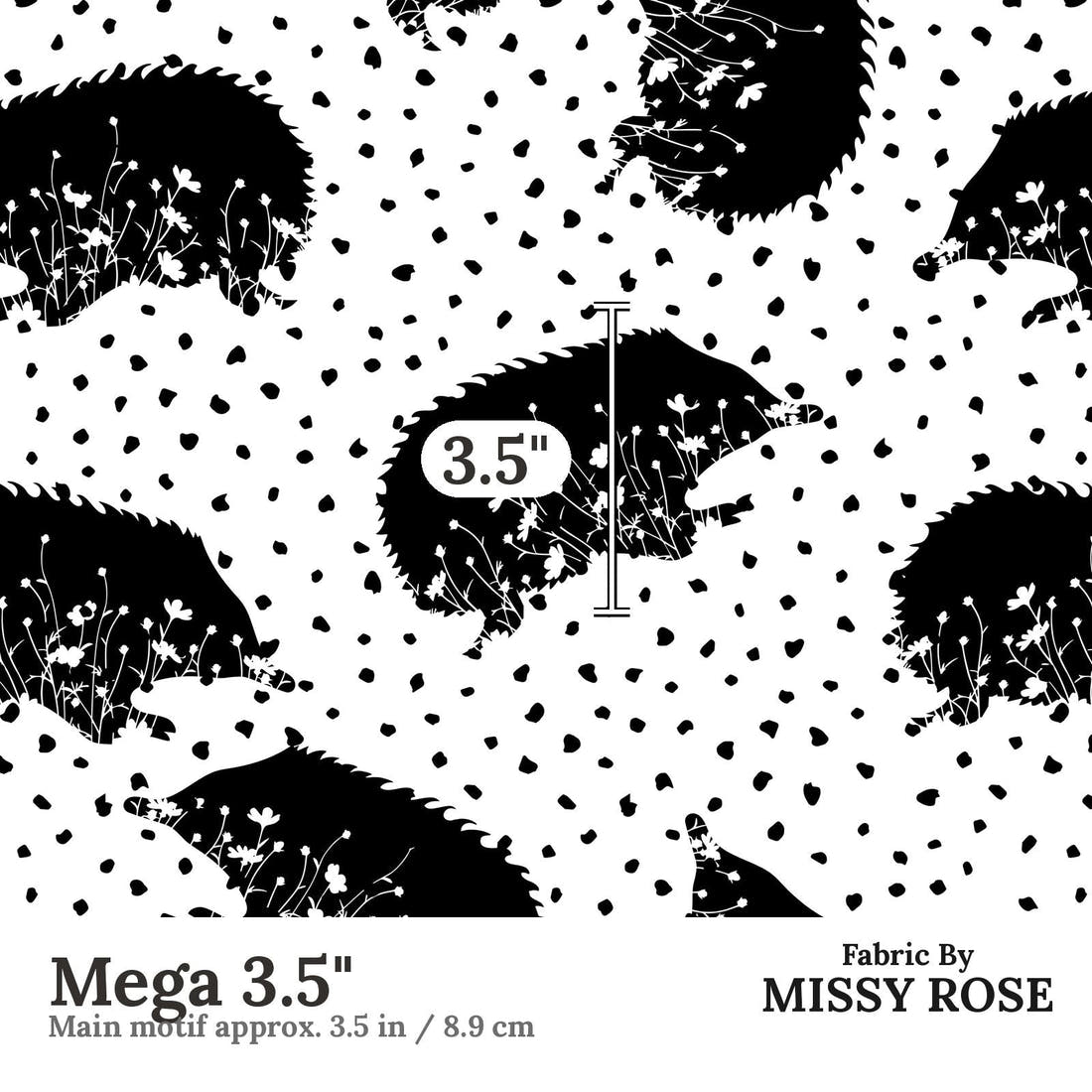 Design 1173 Monochrome Echidna Fabric Mega 3.5 inch print scale guide | Fabric by Missy Rose