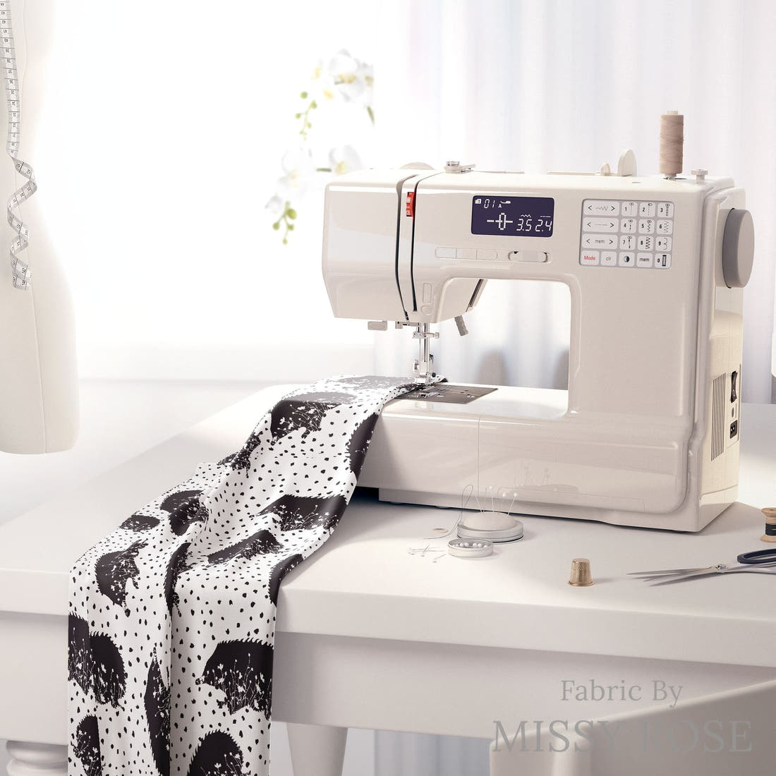 Design 1173 Monochrome Echidna Fabric on a sewing machine – premium fabric for sewing projects | Fabric by Missy Rose