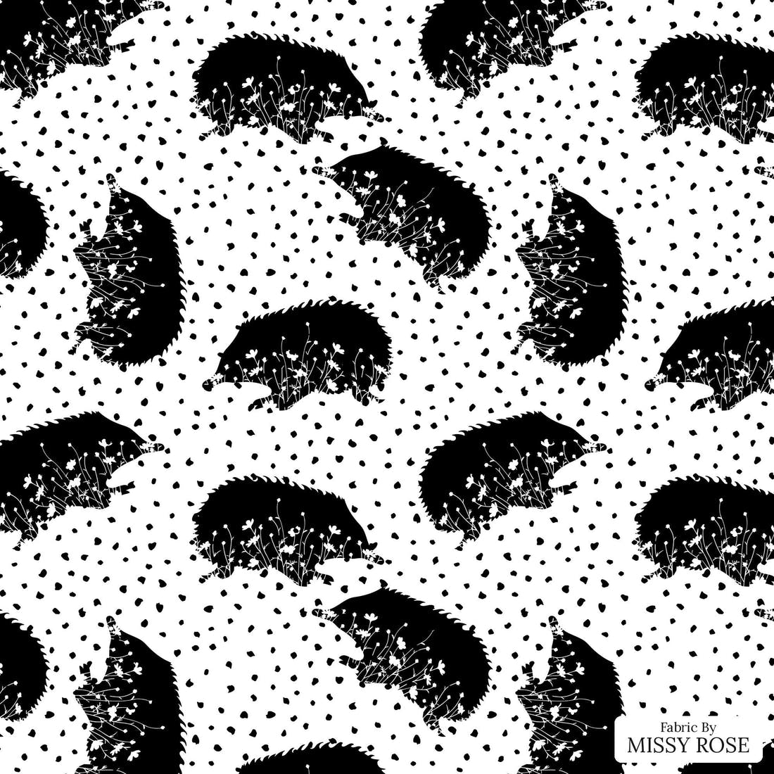 Design 1173 Monochrome Echidna Fabric – flat view of the print, zoom in for detail | Fabric by Missy Rose