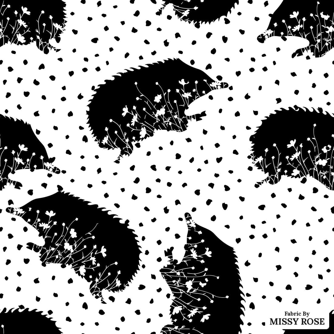Design 1173 Monochrome Echidna Fabric – flat view of the print, zoom in for detail | Fabric by Missy Rose
