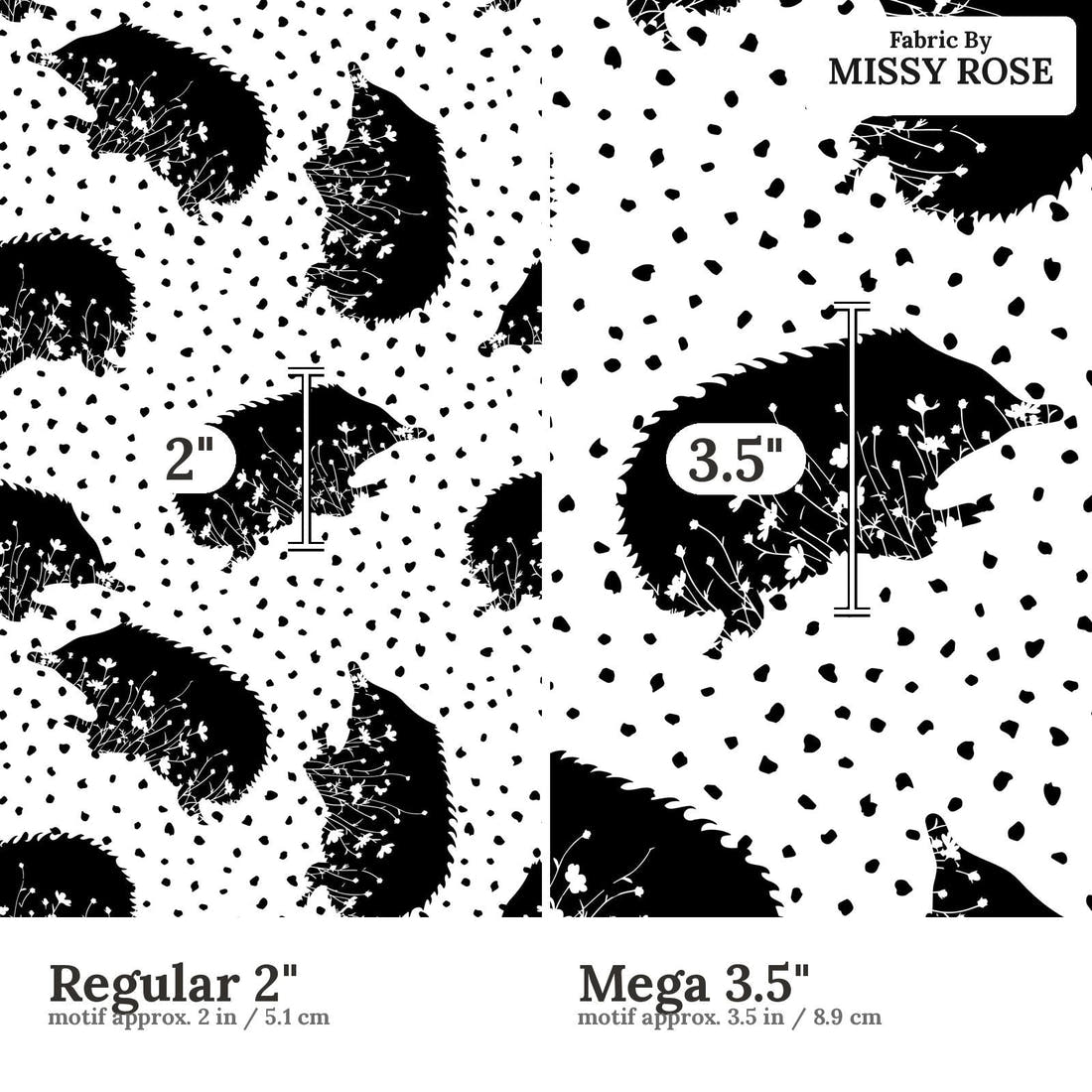 Design 1173 Monochrome Echidna Fabric Regular 2 inch vs Mega 3.5 inch print scale side by side | Fabric by Missy Rose