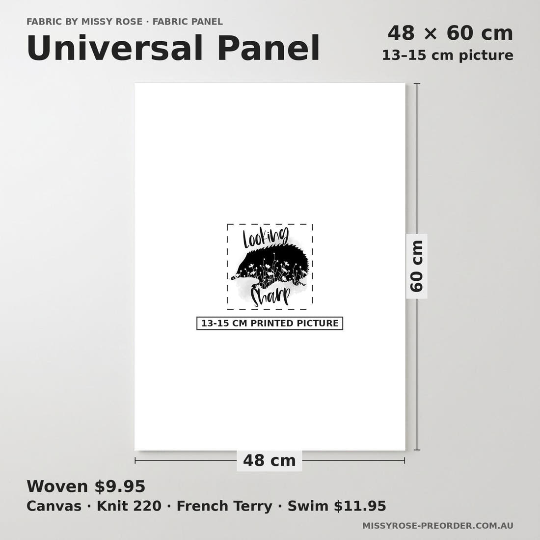 Design 1173 Monochrome Echidna Panel universal panel sizing – 13–15 cm printed picture on 48 × 60 cm fabric | Fabric by Missy Rose