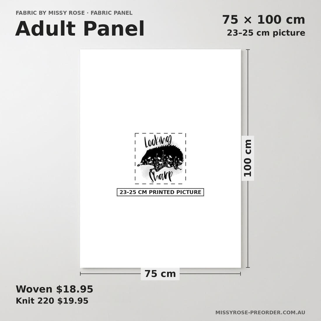 Design 1173 Monochrome Echidna Panel adult panel sizing – 23–25 cm printed picture on 75 × 100 cm fabric | Fabric by Missy Rose