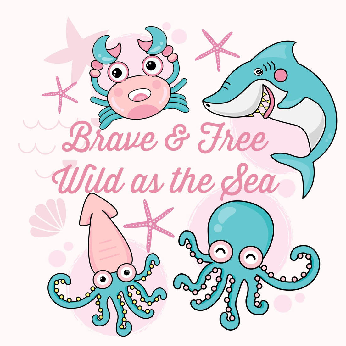 Design 1174 Pink Sea Animals Panel – full artwork close-up of the printed picture | Fabric by Missy Rose