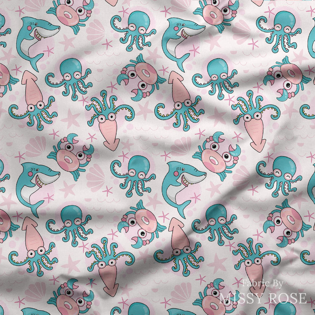 Design 1174 Pink Sea Animals Fabric draped fabric mockup – custom printed fabric by the metre | Fabric by Missy Rose