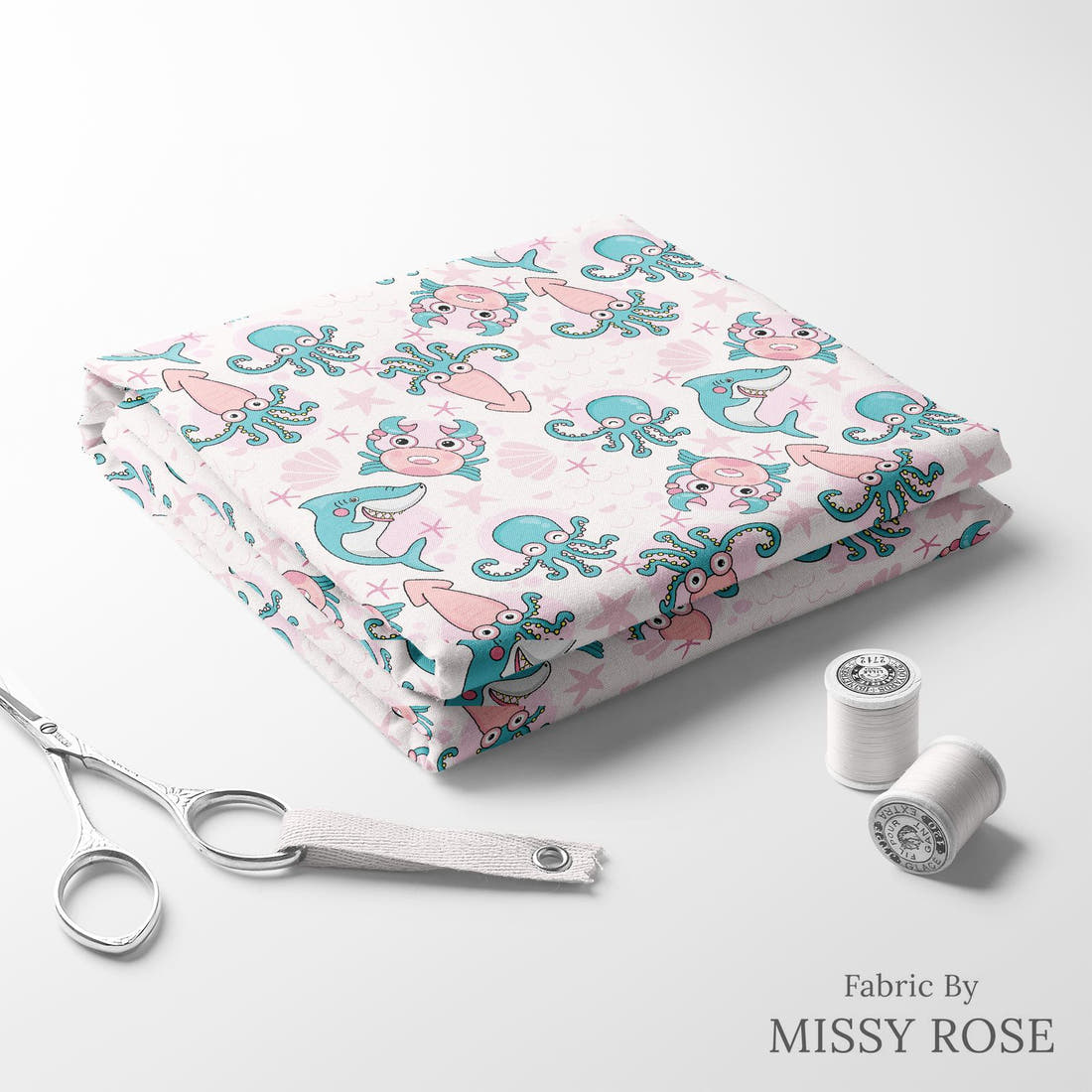 Design 1174 Pink Sea Animals Fabric folded fabric stack with matching thread – pre-order fabric Australia | Fabric by Missy Rose