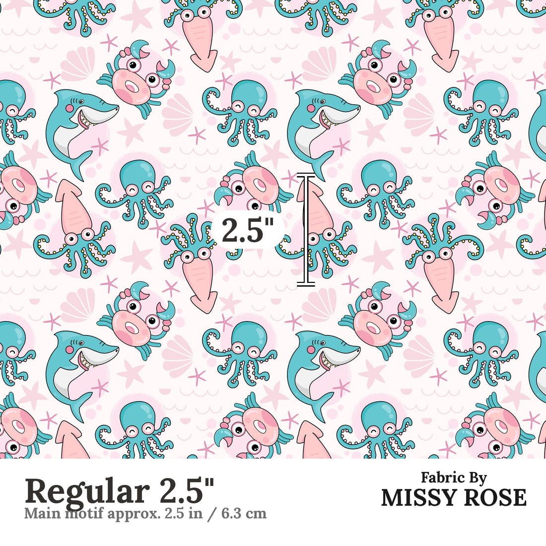 Design 1174 Pink Sea Animals Fabric Regular 2.5 inch print scale guide | Fabric by Missy Rose