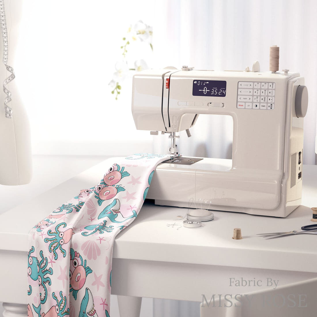 Design 1174 Pink Sea Animals Fabric on a sewing machine – premium fabric for sewing projects | Fabric by Missy Rose