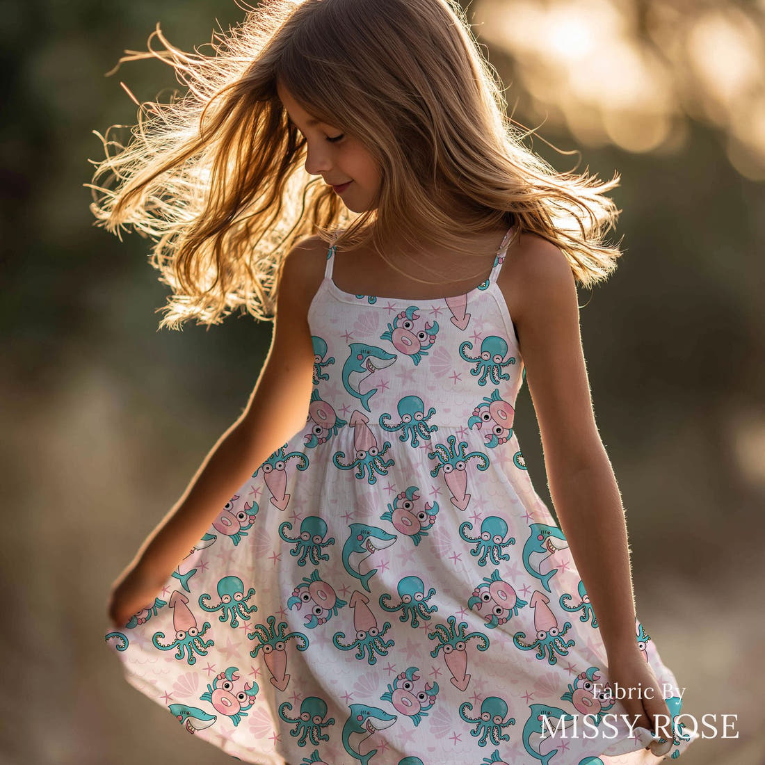 Design 1174 Pink Sea Animals Fabric sewn into a girls' dress – see how the print looks made up | Fabric by Missy Rose