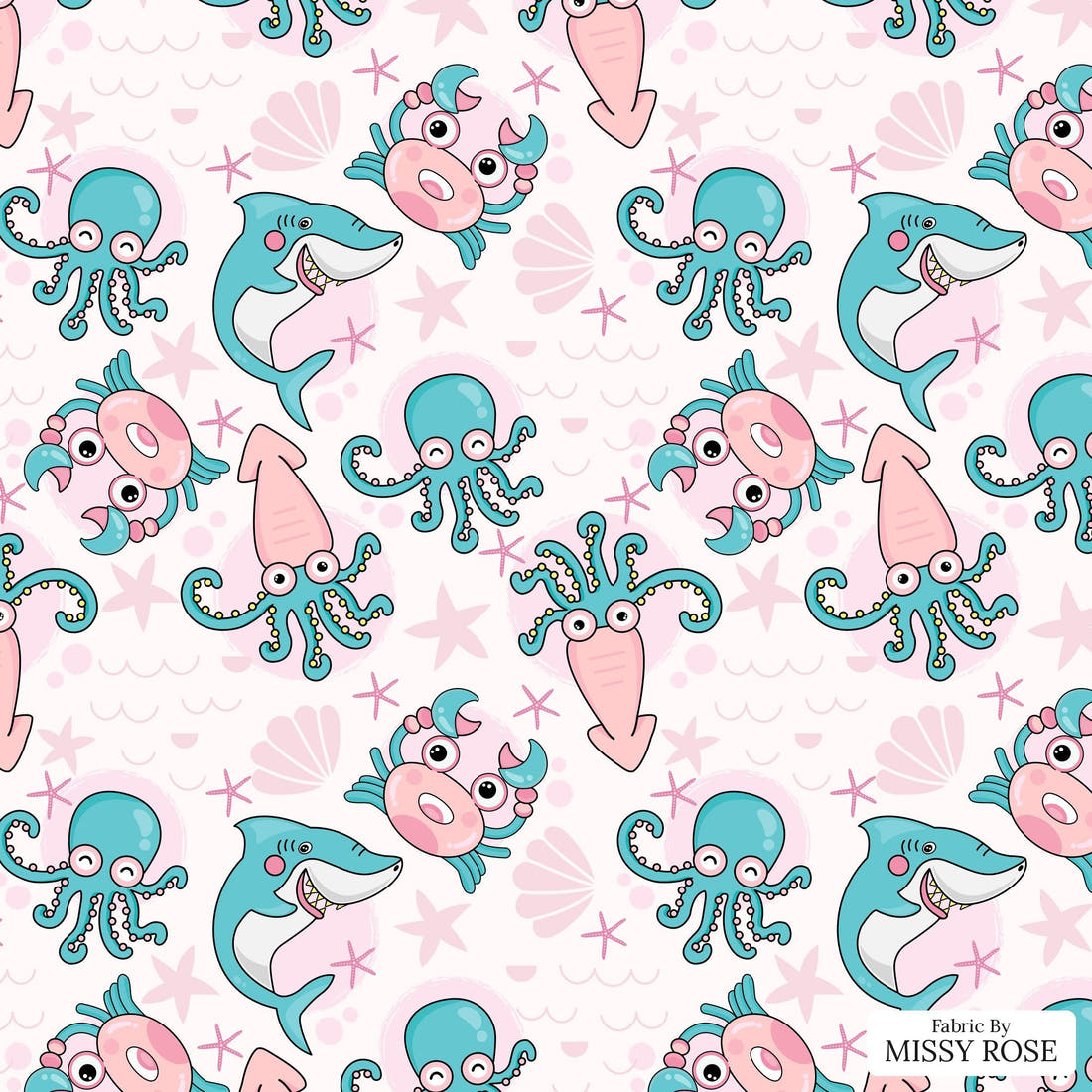 Design 1174 Pink Sea Animals Fabric – flat view of the print, zoom in for detail | Fabric by Missy Rose