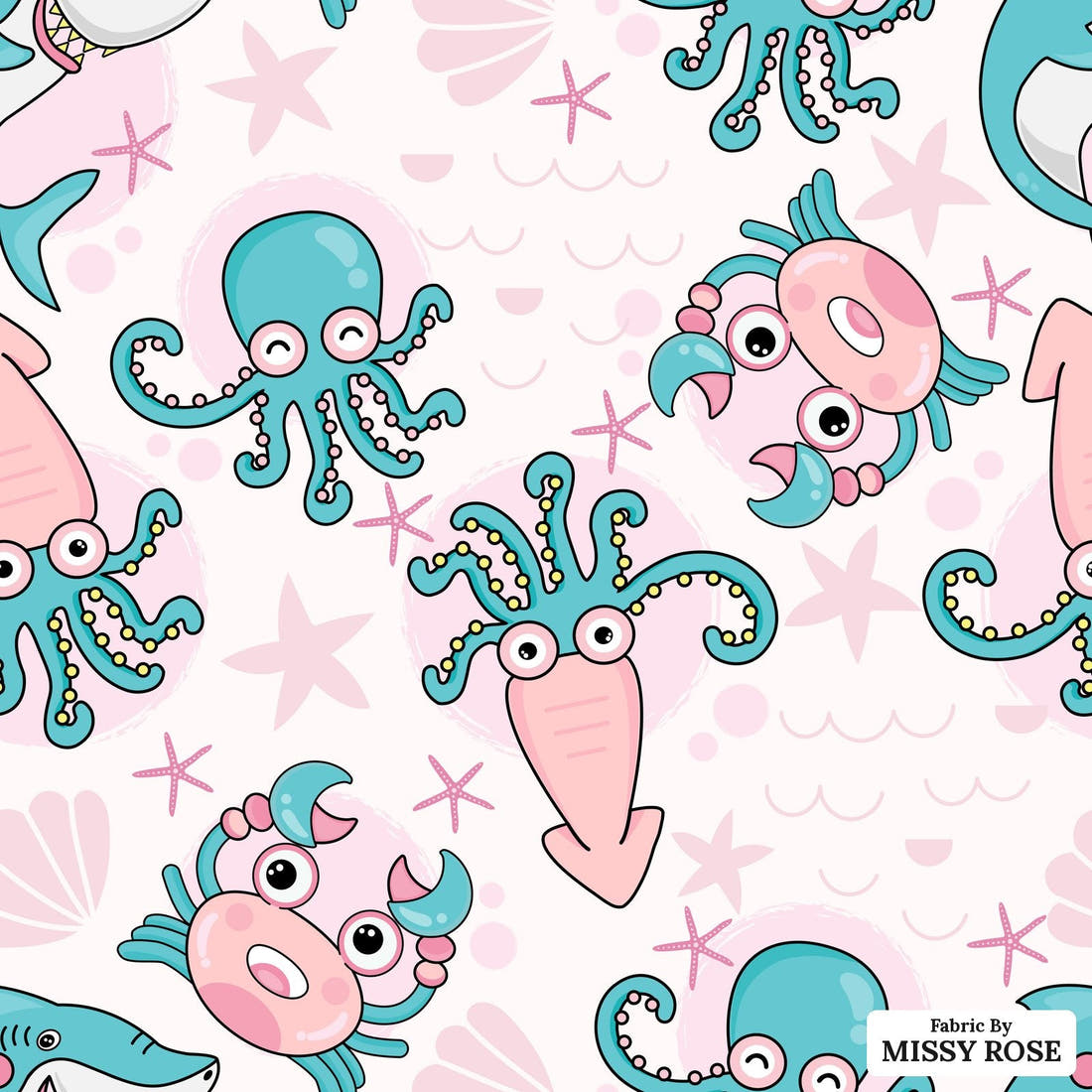 Design 1174 Pink Sea Animals Fabric – flat view of the print, zoom in for detail | Fabric by Missy Rose