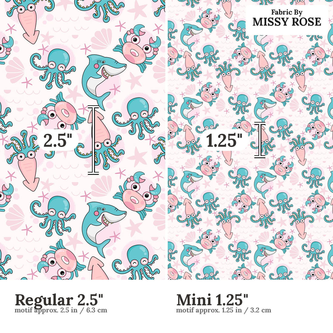 Design 1174 Pink Sea Animals Fabric Regular 2.5 inch vs Mini 1.25 inch print scale side by side | Fabric by Missy Rose