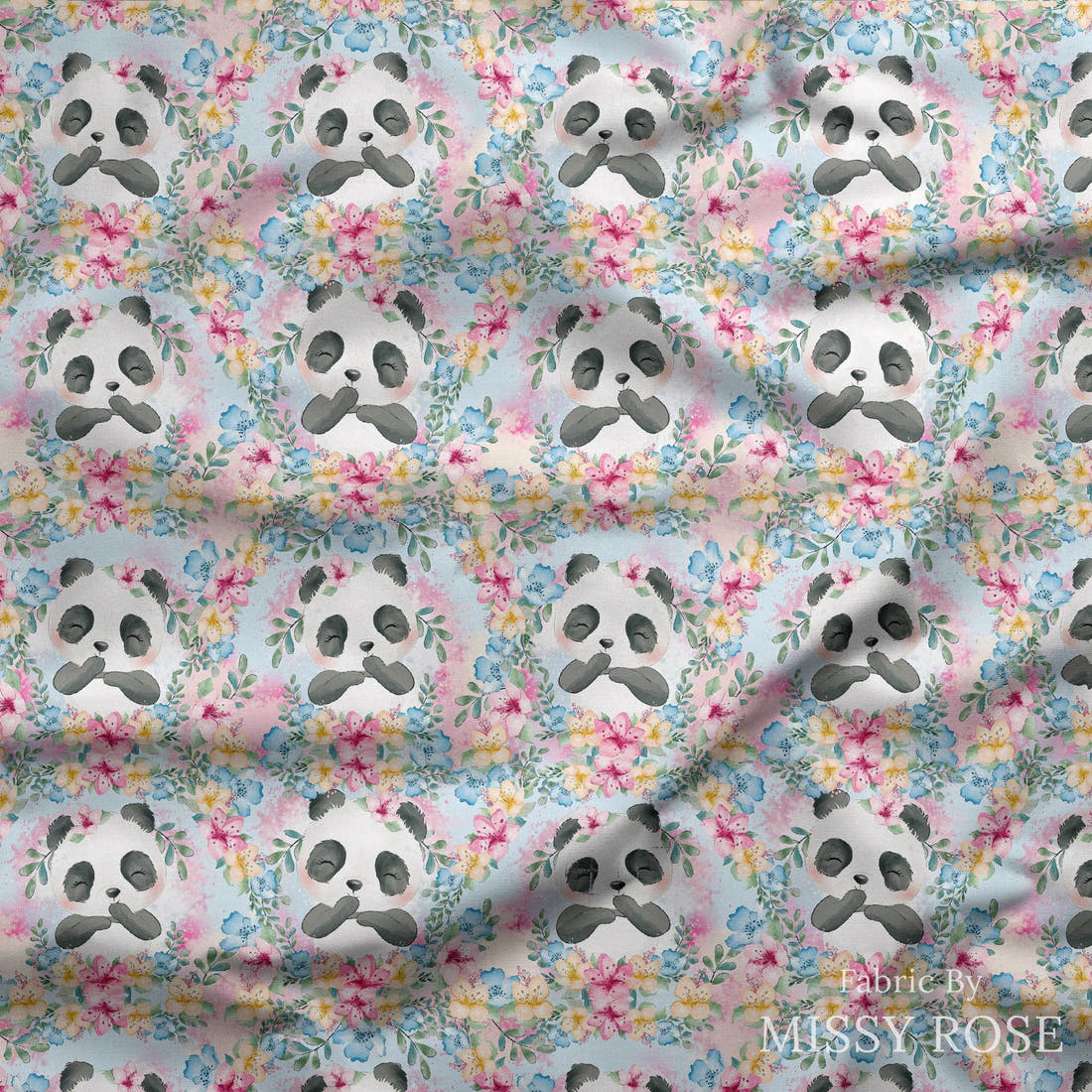 Design 1175 Blue Panda Fabric draped fabric mockup – custom printed fabric by the metre | Fabric by Missy Rose