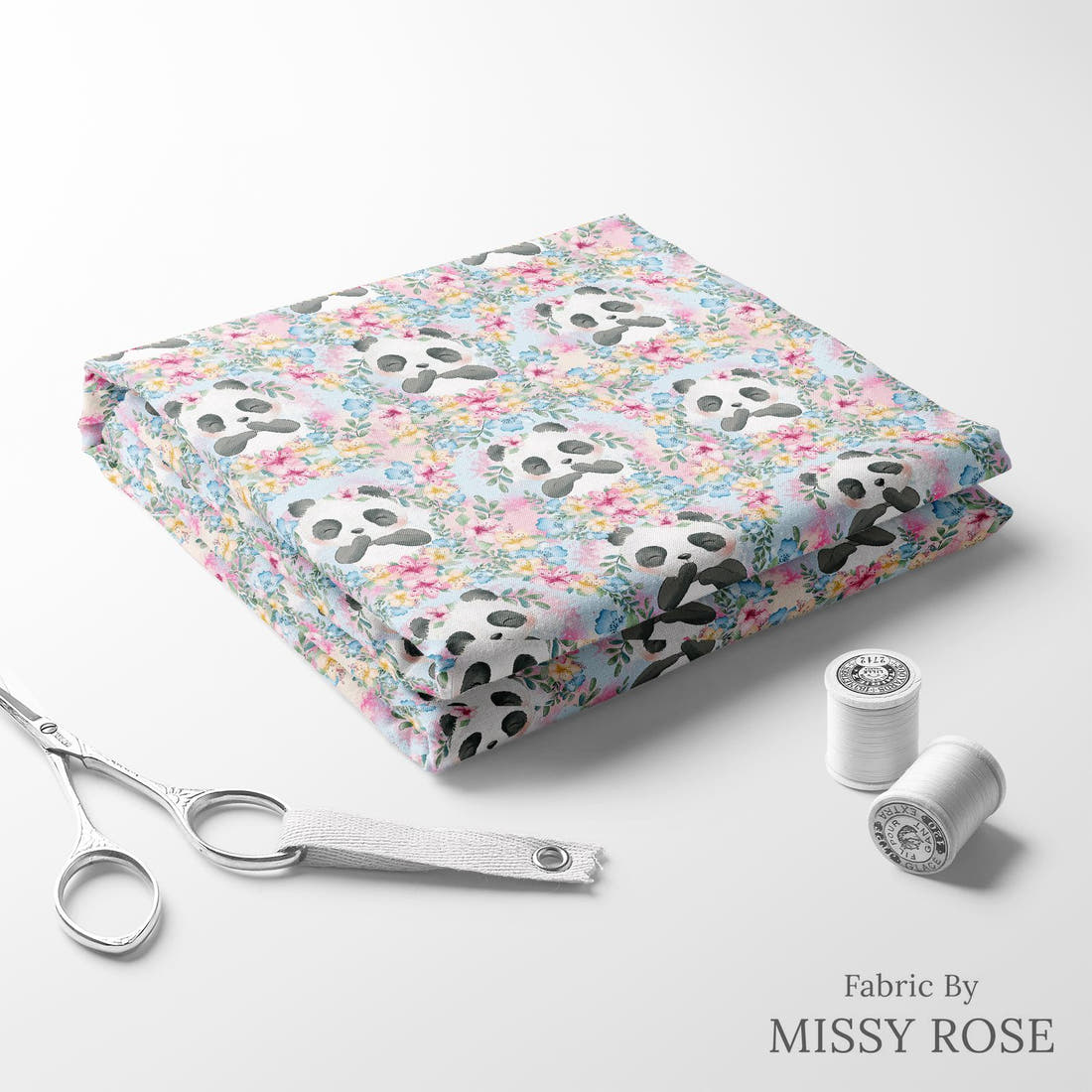 Design 1175 Blue Panda Fabric folded fabric stack with matching thread – pre-order fabric Australia | Fabric by Missy Rose