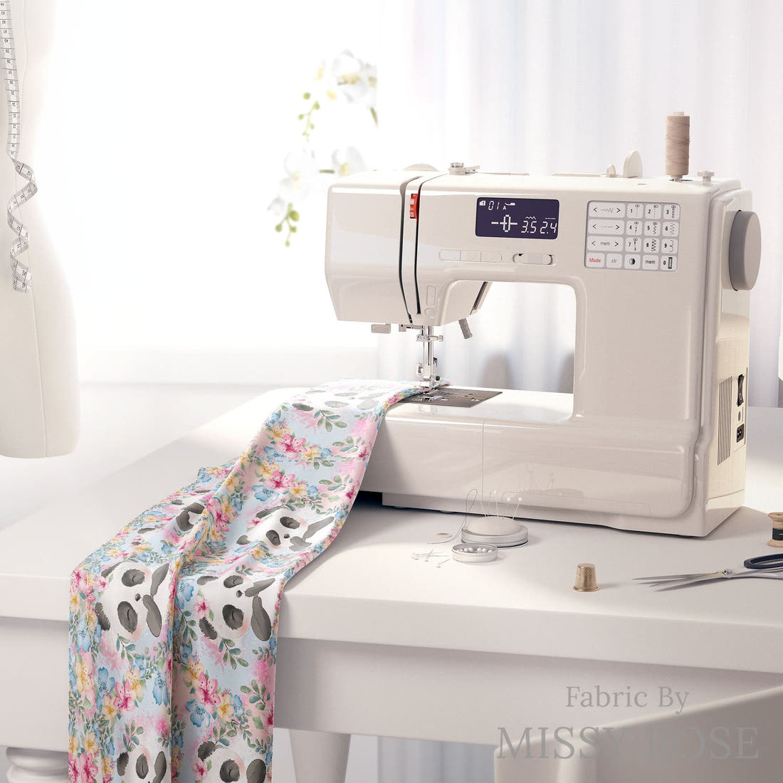 Design 1175 Blue Panda Fabric on a sewing machine – premium fabric for sewing projects | Fabric by Missy Rose