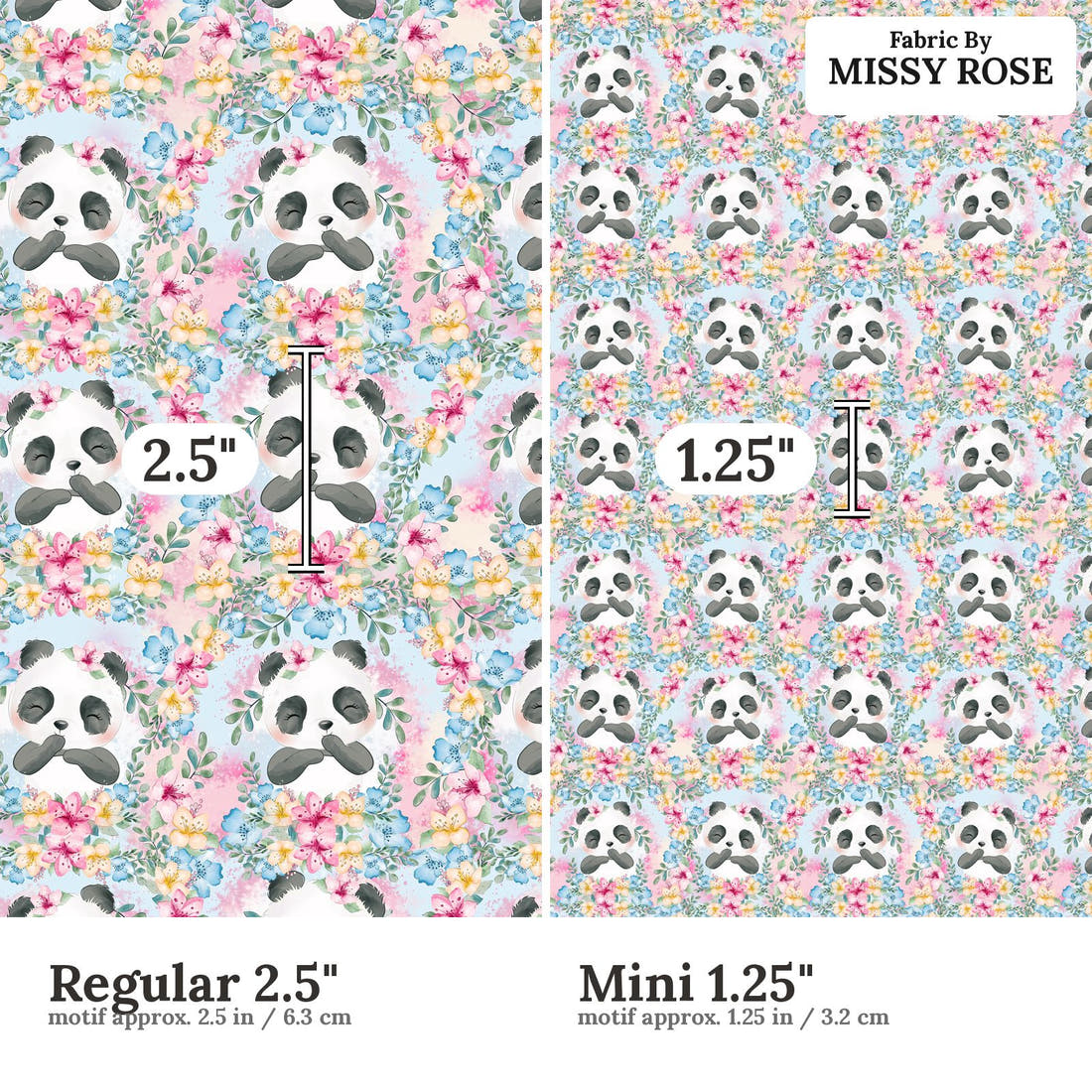 Design 1175 Blue Panda Fabric Regular 2.5 inch vs Mini 1.25 inch print scale side by side | Fabric by Missy Rose