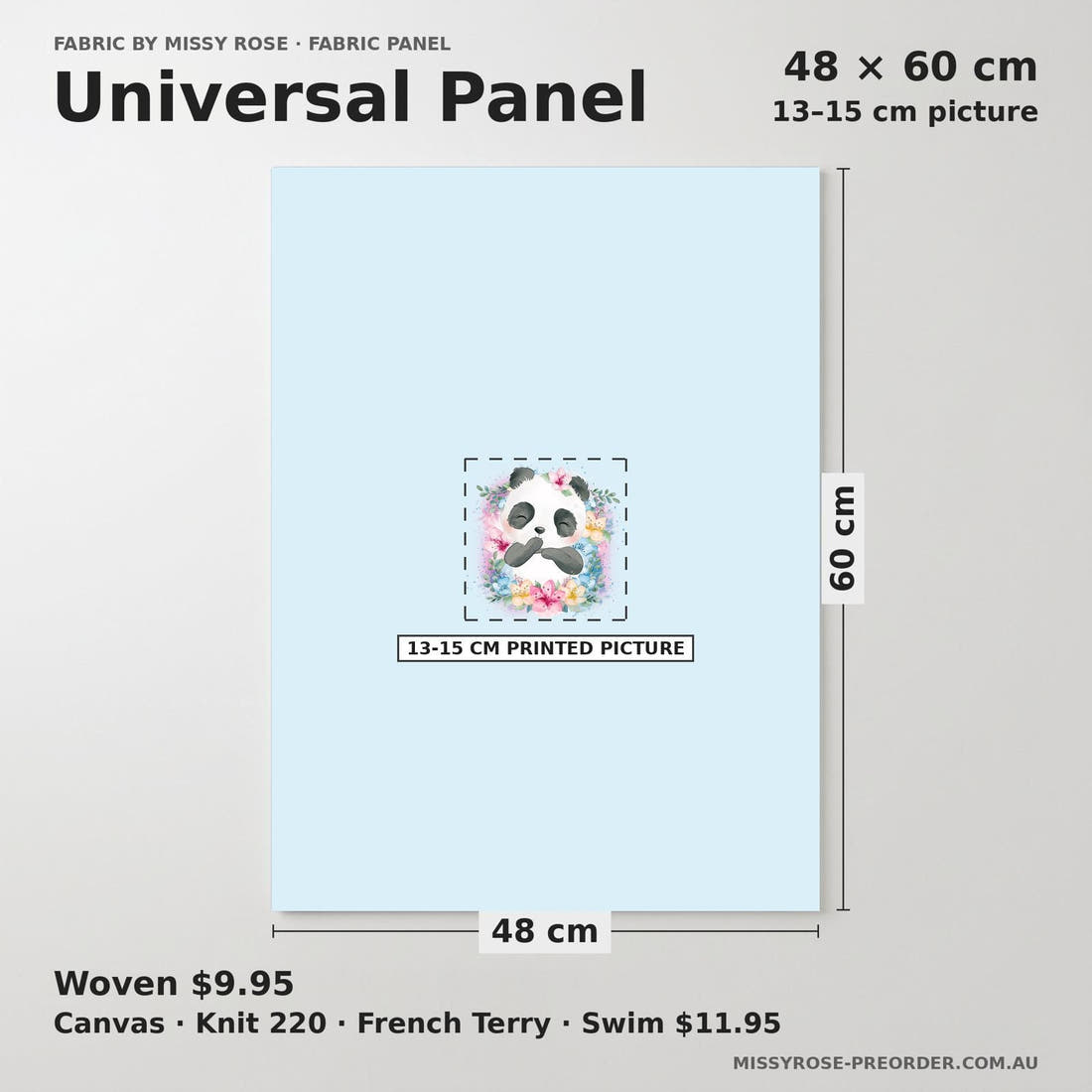 Design 1175 Blue Panda Panel universal panel sizing – 13–15 cm printed picture on 48 × 60 cm fabric | Fabric by Missy Rose