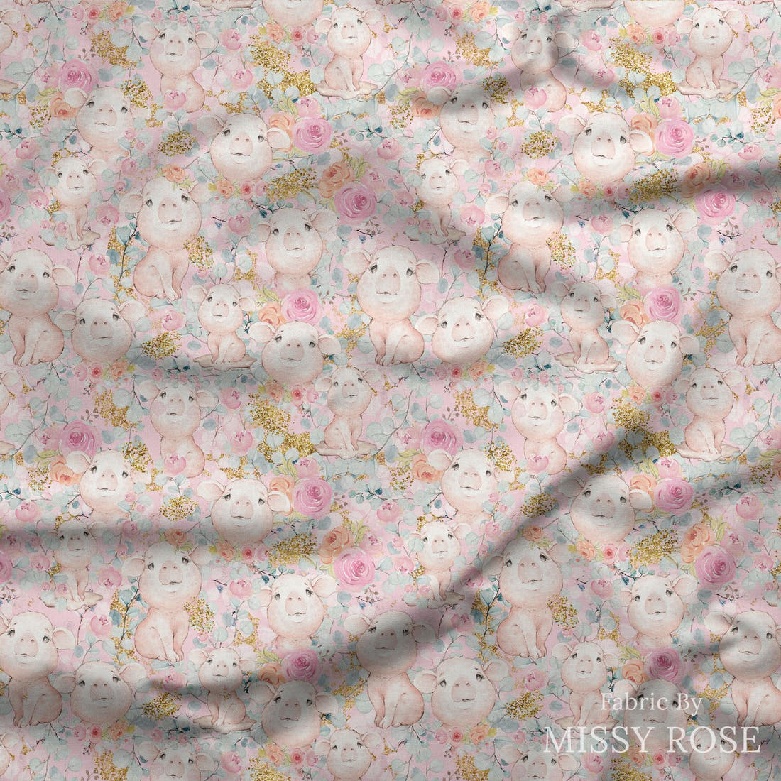 Design 1176 Pink Pigs Fabric draped fabric mockup – custom printed fabric by the metre | Fabric by Missy Rose